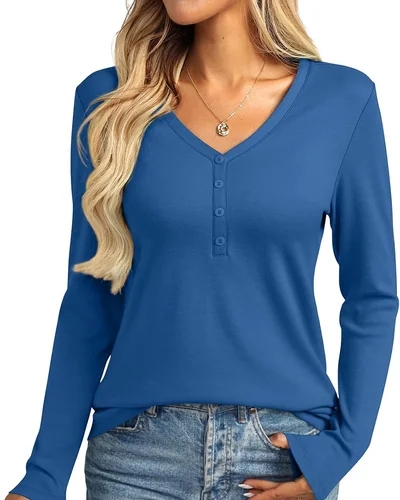Minetom Womens Long Sleeve Tops Henley V Neck Tees Button Up Shirts Basic, thumbnail 11