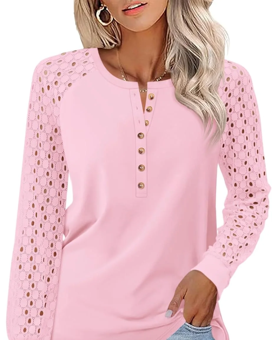 Minetom Women's Lace Long Sleeve Tops Henley Shirts Casual Blouses Tees, Light Pink, Small, photo 27