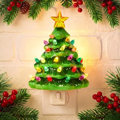 Minetom White Ceramic Christmas Tree Night Light Vintage Plug in Wall Decor, thumbnail 2