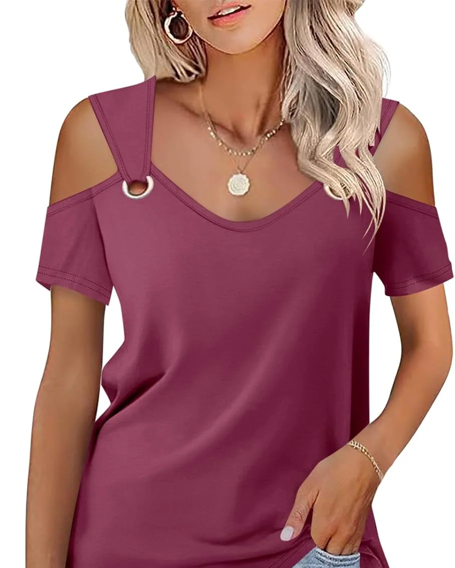 Minetom Women's Cold Shoulder Tops Short Sleeve V Neck T Shirts Summer Tee, Mulberry, Small, photo 10