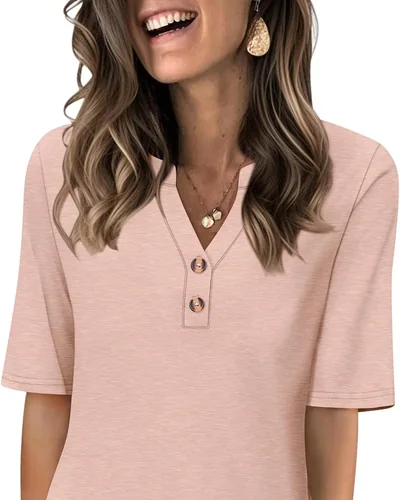 Minetom Women's Half Sleeve Tops V Neck T Shirt Button Casual Tee White, thumbnail 8