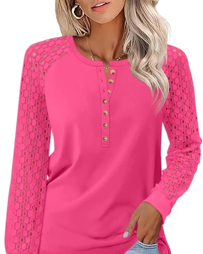 Minetom Women's Lace Long Sleeve Tops Henley Shirts Casual Blouses Tees, thumbnail 28