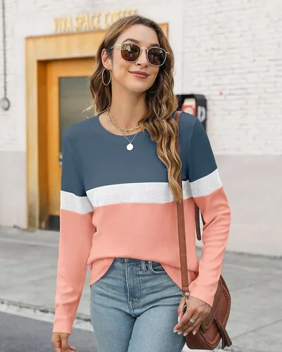 Minetom Women's Color Block Tunic Tops Casual Long Sleeve Shirts Round Neck, thumbnail 5