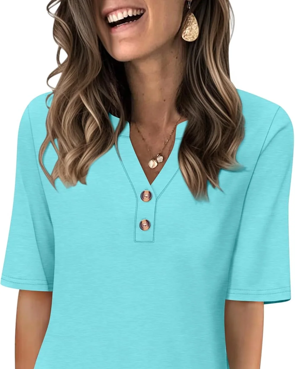 Minetom Women's Half Sleeve Tops V Neck T Shirt Button Casual Tee White, Aqua, Small, photo 9