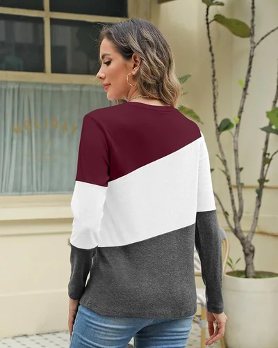 Minetom Women's Color Block Tops Casual Long Sleeve Shirts Pullover Tunic, thumbnail 5