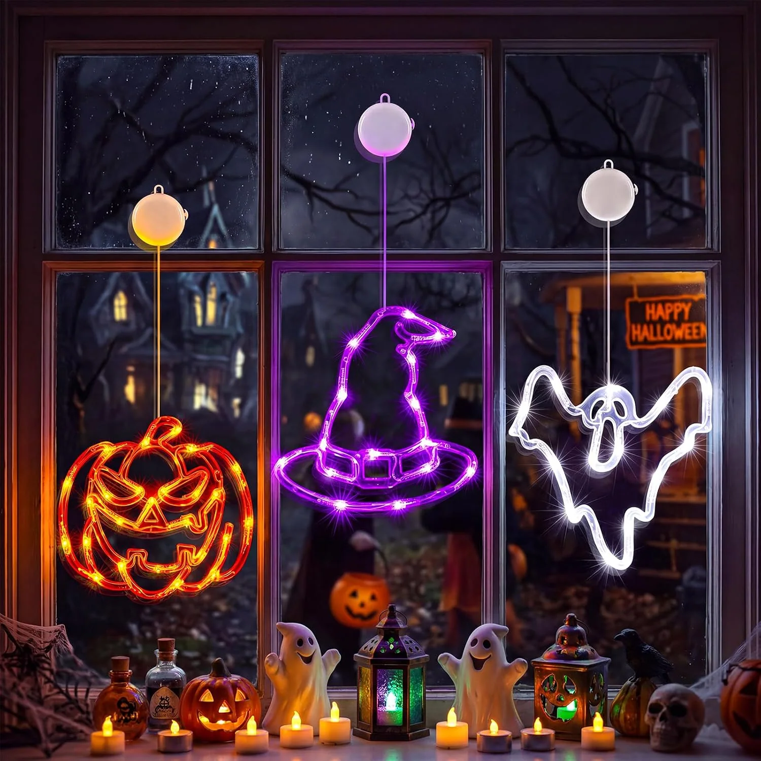Minetom 3 Pack Halloween Windows Lights, Pumpkin/Ghost/Hat, photo 5