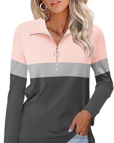 Minetom Womens Long Sleeve Shirts 1/4 Zipper Pullover V Neck Collar Tops, thumbnail 13