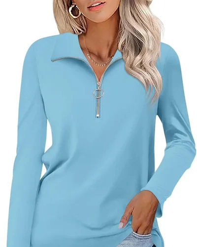 Minetom Womens Long Sleeve Shirts 1/4 Zipper Pullover V Neck Collar Tops, thumbnail 25