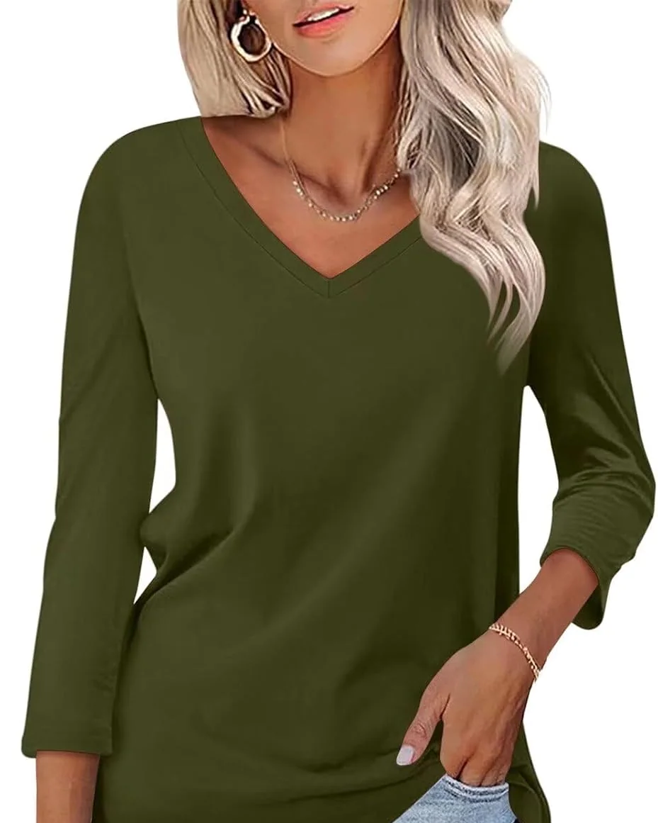 Minetom Women's 3/4 Length Sleeve Tops V Neck T Shirts Casual Basic Tees, Olive, Small, photo 17