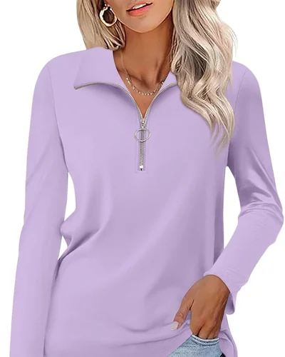 Minetom Womens Long Sleeve Shirts 1/4 Zipper Pullover V Neck Collar Tops, thumbnail 19