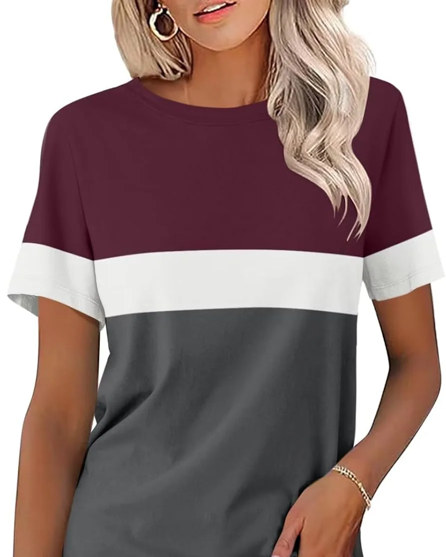 Minetom Womens Color Block T Shirts Short Sleeve Tops Summer Tees, Wine Red-white-charcoal, Small, photo 12