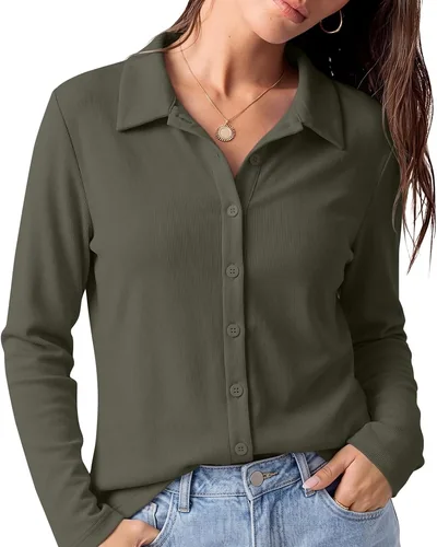 Minetom Womens long Sleeve Button Down Tops V Neck Collared Shirts, thumbnail 5
