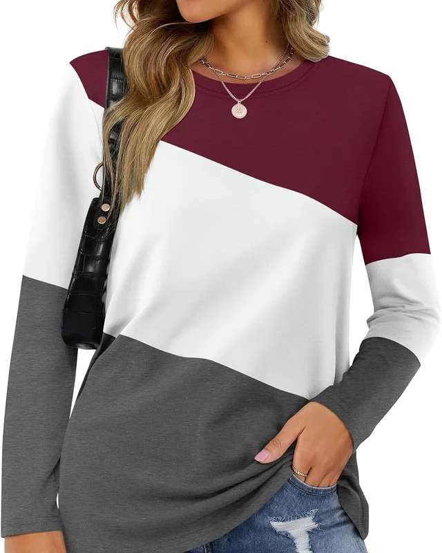 Minetom Women's Color Block Tops Casual Long Sleeve Shirts Pullover Tunic
