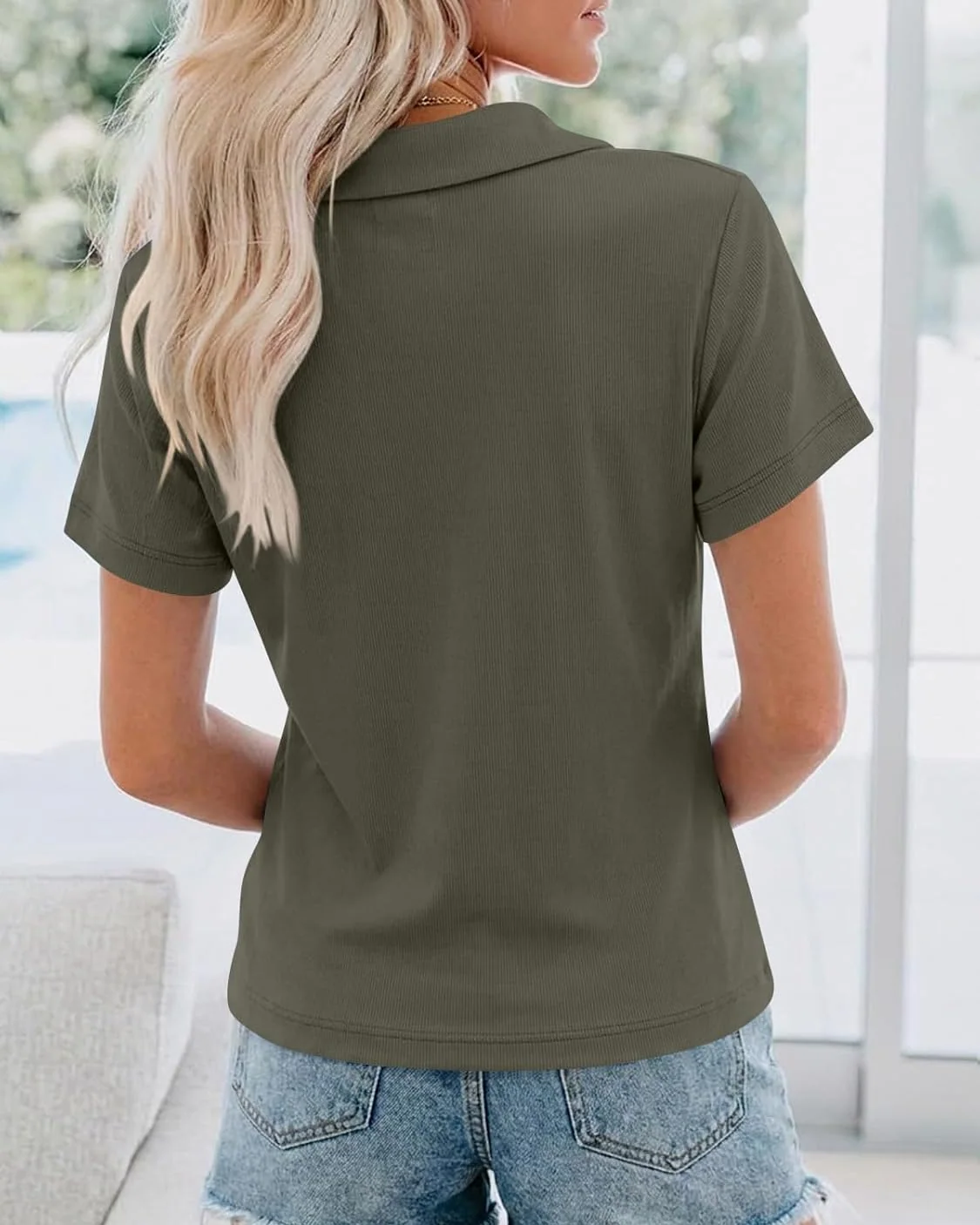 Minetom Womens Short Sleeve Button Down Tops V Neck Collared Shirts Army Green, photo 5