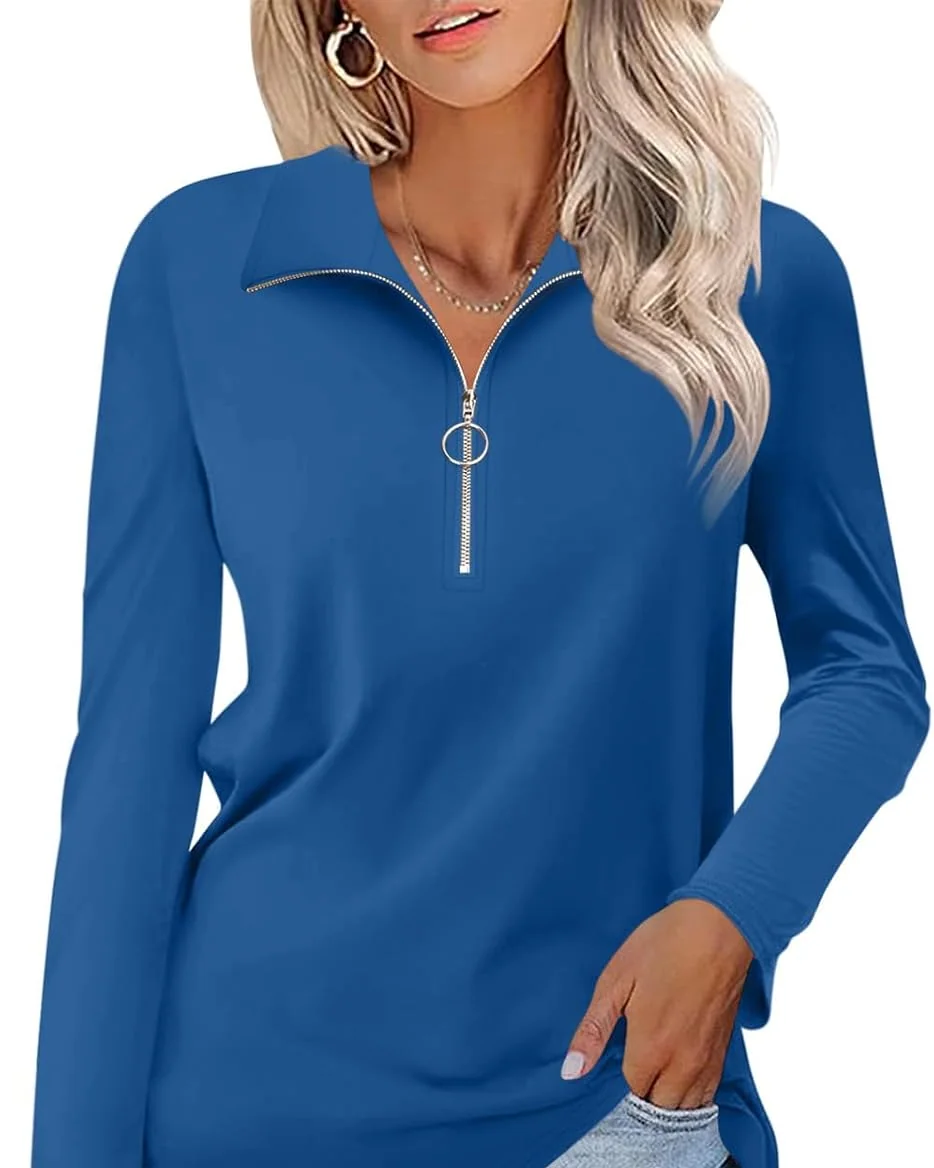 Minetom Womens Long Sleeve Shirts 1/4 Zipper Pullover V Neck Collar Tops, Dark Blue, Small, photo 17