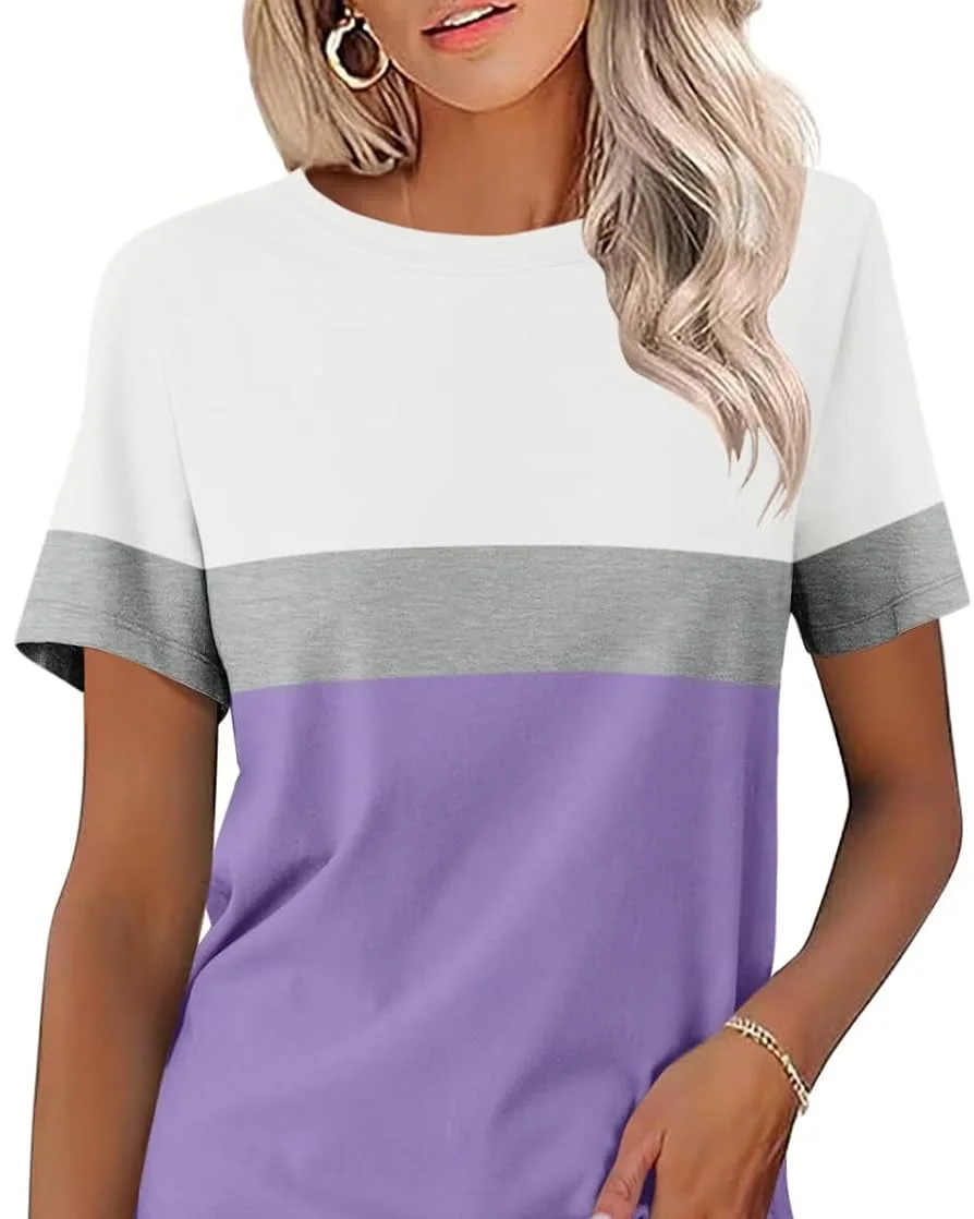 Minetom Womens Color Block T Shirts Short Sleeve Tops Summer Tees, A-white-gray-purple, Small, photo 24