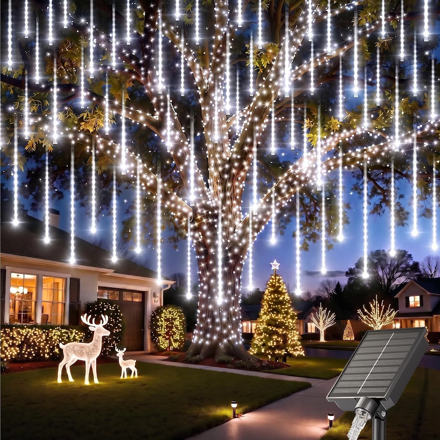 Minetom Solar Meteor Shower Icicle Lights, White, 12Inch 20Tube 480LED, photo 6