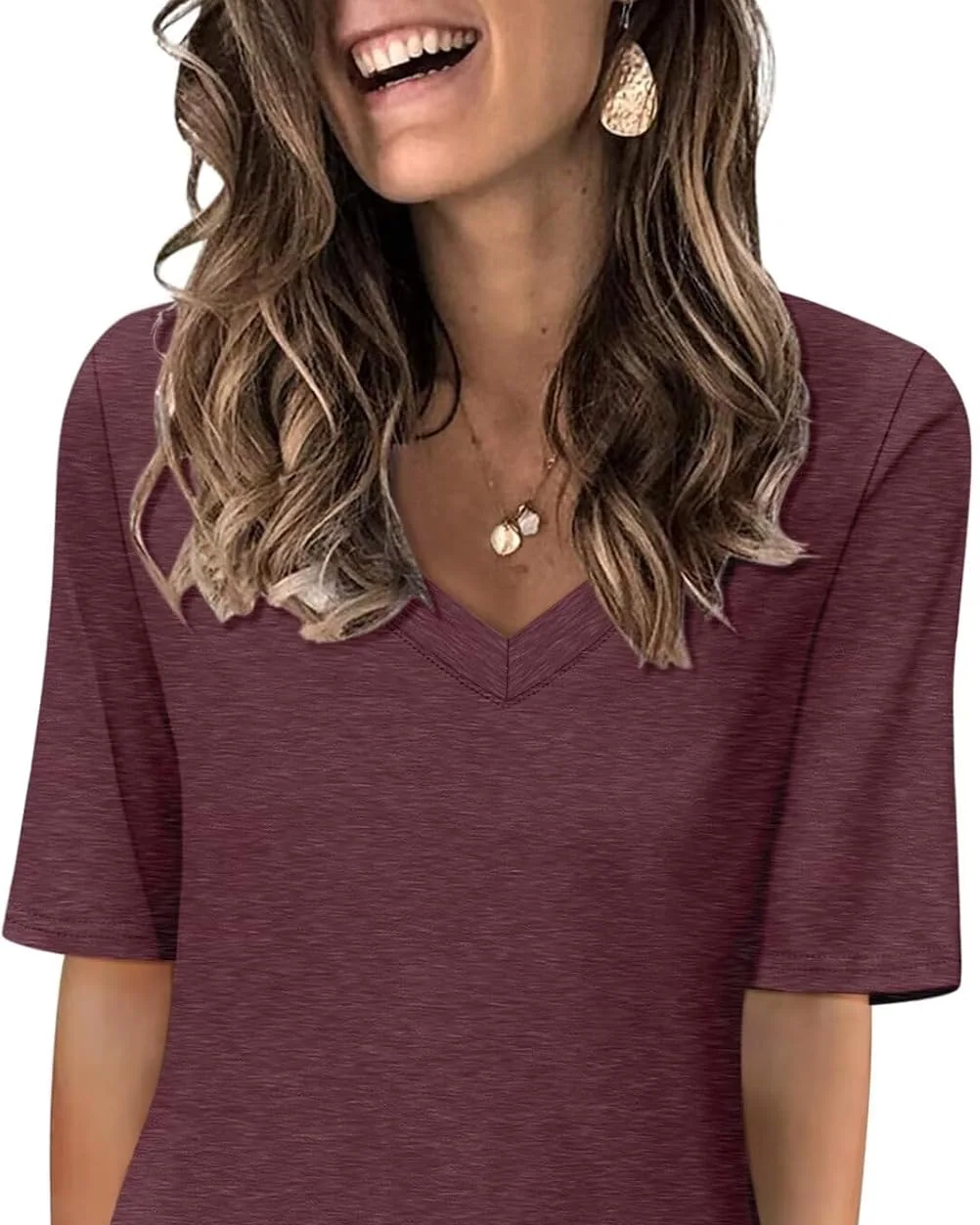 Minetom Women's V Neck T Shirts Casual Half Sleeve Tops Basic Summer Tees, Wine Red, Small, photo 21
