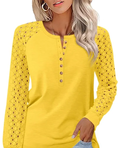 Minetom Women's Lace Long Sleeve Tops Henley Shirts Casual Blouses Tees, thumbnail 14