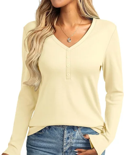 Minetom Womens Long Sleeve Tops Henley V Neck Tees Button Up Shirts Basic, thumbnail 15