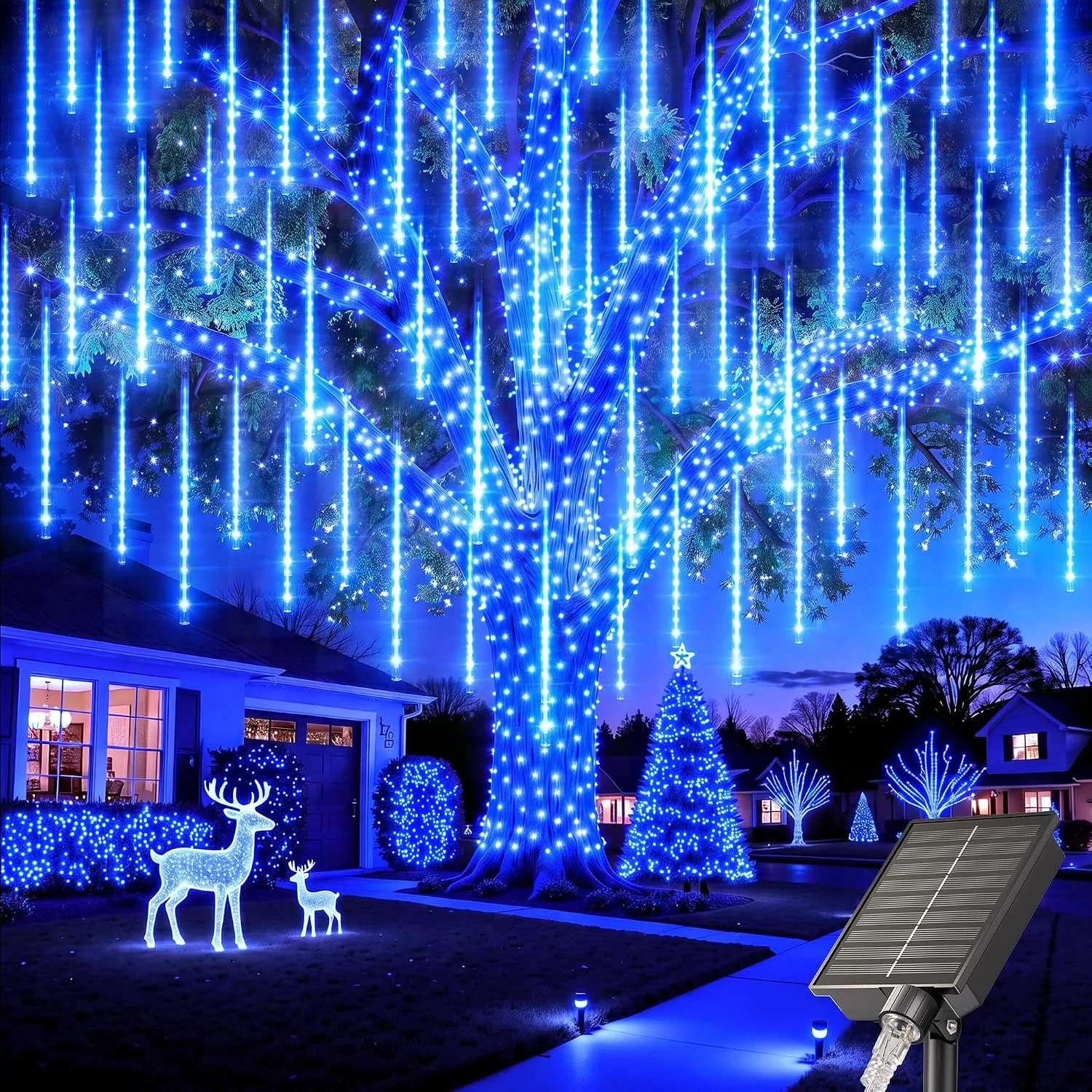 Minetom Solar Meteor Shower Icicle Lights, Blue, 16Inch 20Tube 720LED, photo 5