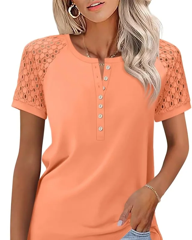 Minetom Women's Lace Short Sleeve Tops Henley Shirts Business Casual Blouses