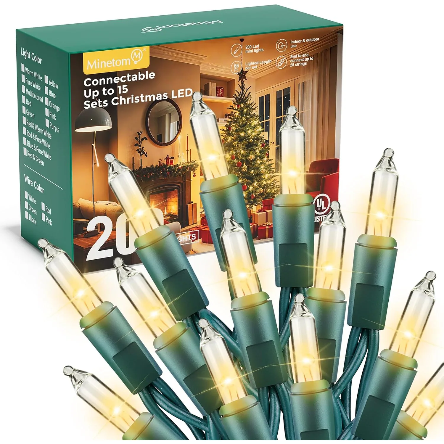 Minetom LED Clear Christmas String Lights, Clear Warm White-Green Wire, 200 Count-40 ft, photo 3