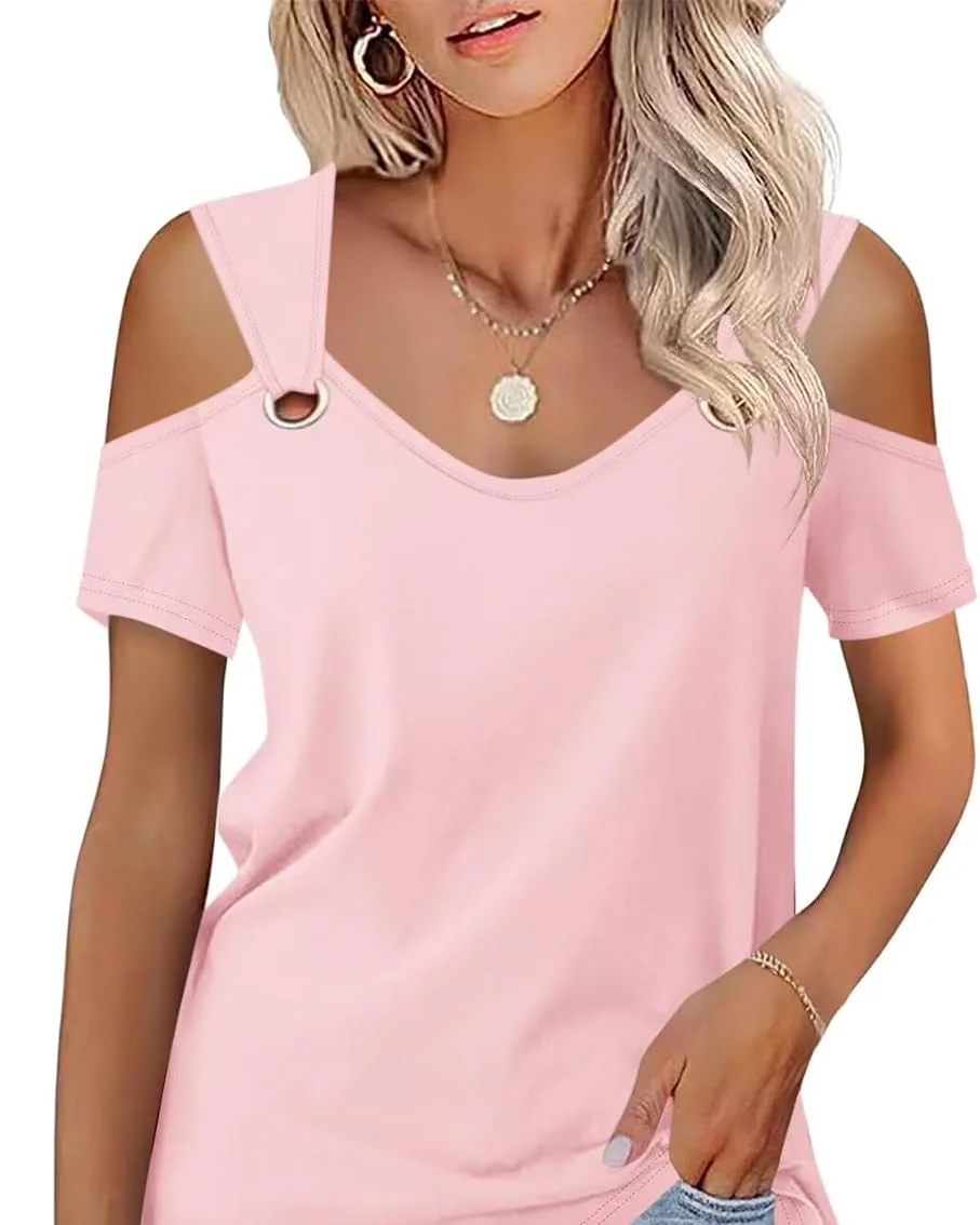Minetom Women's Cold Shoulder Tops Short Sleeve V Neck T Shirts Summer Tee, Pink, Small, photo 11