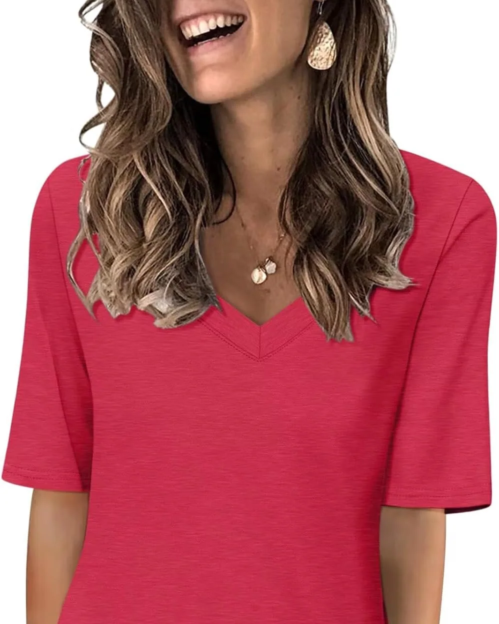 Minetom Women's V Neck T Shirts Casual Half Sleeve Tops Basic Summer Tees, Red, Small, photo 8