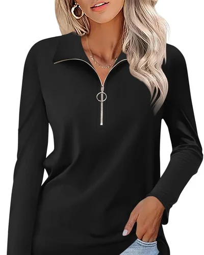 Minetom Womens Long Sleeve Shirts 1/4 Zipper Pullover V Neck Collar Tops, thumbnail 24