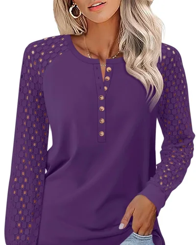 Minetom Women's Lace Long Sleeve Tops Henley Shirts Casual Blouses Tees, thumbnail 17