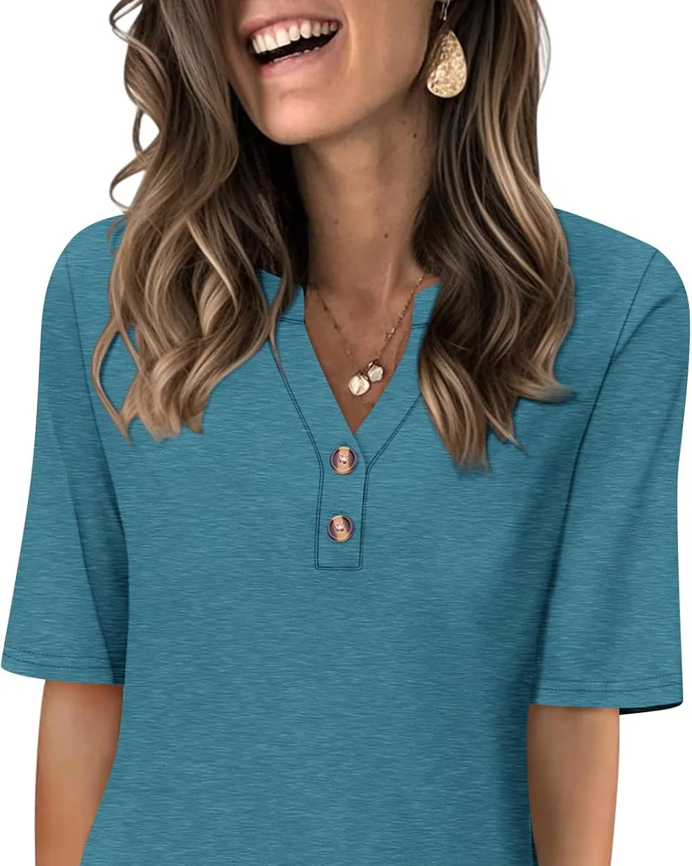 Minetom Women's Half Sleeve Tops V Neck T Shirt Button Casual Tee White, Teal, Small, photo 14