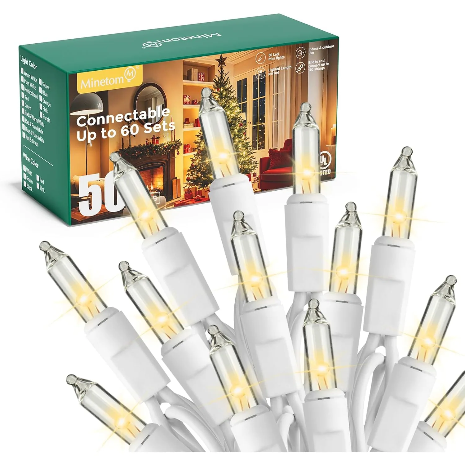 Minetom LED Clear Christmas String Lights, Clear Warm White-White Wire, 50 Count-10 ft, photo 6
