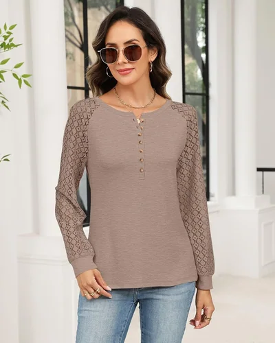 Minetom Women's Lace Long Sleeve Tops Henley Shirts Casual Blouses Tees, thumbnail 2