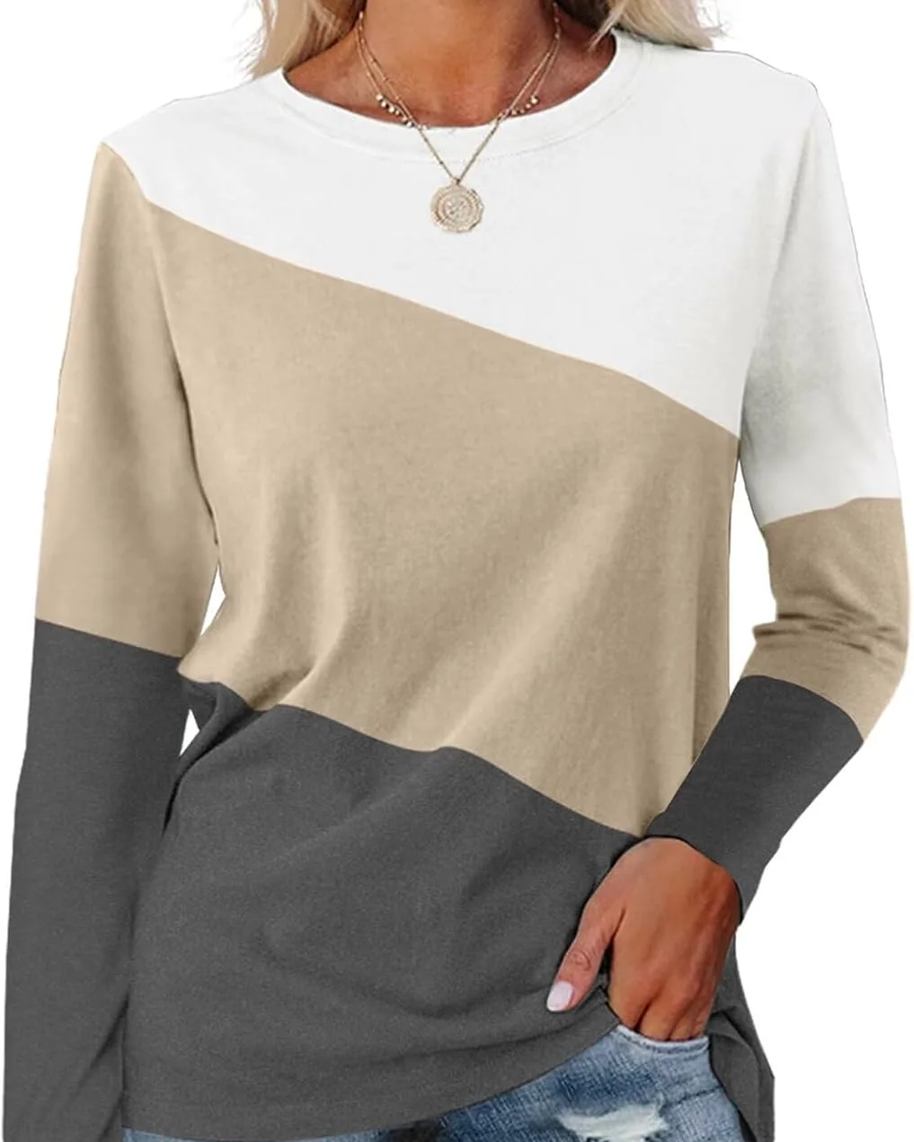 Minetom Women's Color Block Tops Casual Long Sleeve Shirts Pullover Tunic, White-khaki-charcoal, Small, photo 23
