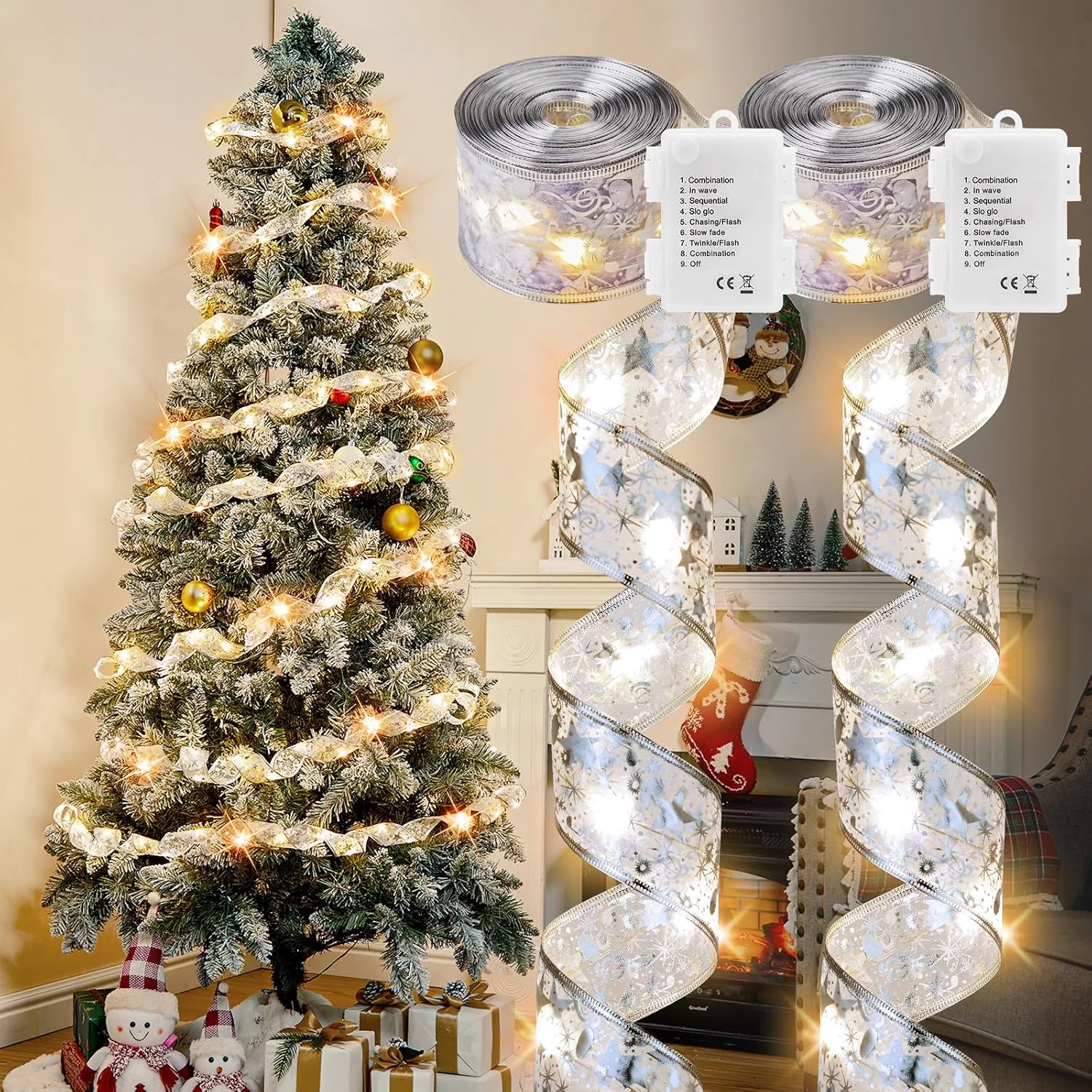 Minetom Christmas Tree Ribbon String Lights, Silver Ribbon + Warm White LED, 1 Pack, photo 3