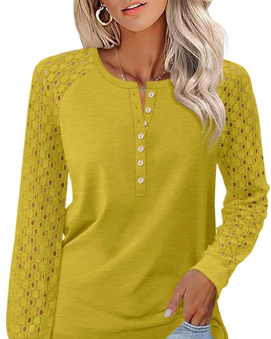 Minetom Women's Lace Long Sleeve Tops Henley Shirts Casual Blouses Tees, Olive Green, Medium, photo 21