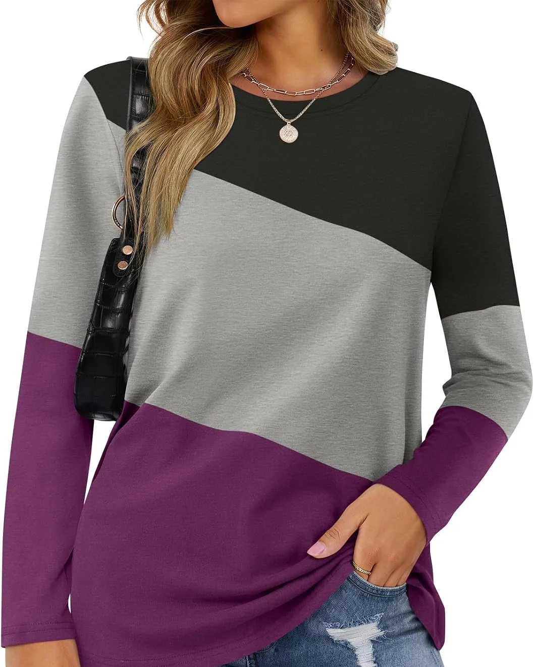 Minetom Women's Color Block Tops Casual Long Sleeve Shirts Pullover Tunic, Black-gray-purple, Small, photo 19