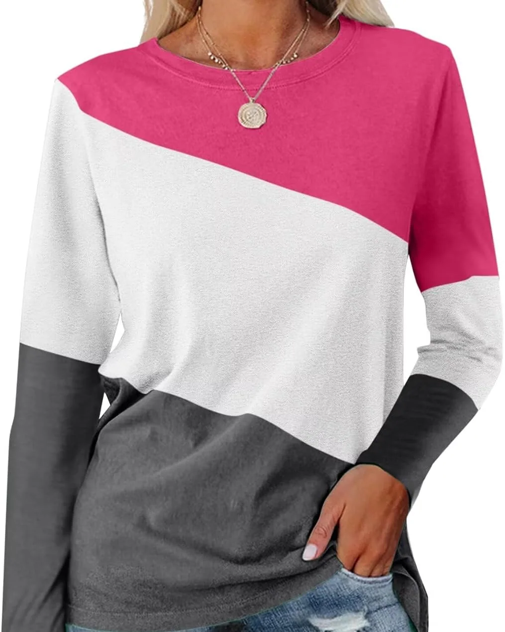 Minetom Women's Color Block Tops Casual Long Sleeve Shirts Pullover Tunic, Pink-white-charcoal, XX-Large, photo 20
