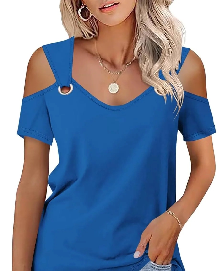 Minetom Women's Cold Shoulder Tops Short Sleeve V Neck T Shirts Summer Tee, Dark Blue, Small, photo 7
