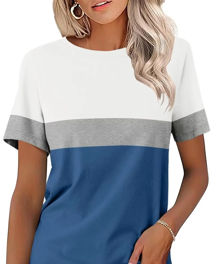 Minetom Womens Color Block T Shirts Short Sleeve Tops Summer Tees, White-gray-blue, Small, photo 17