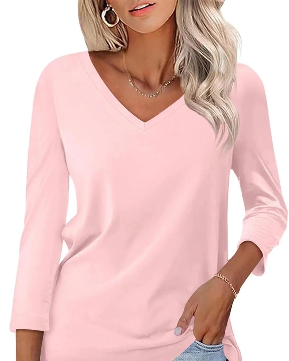 Minetom Women's 3/4 Length Sleeve Tops V Neck T Shirts Casual Basic Tees, Peach Pink, Large, photo 30