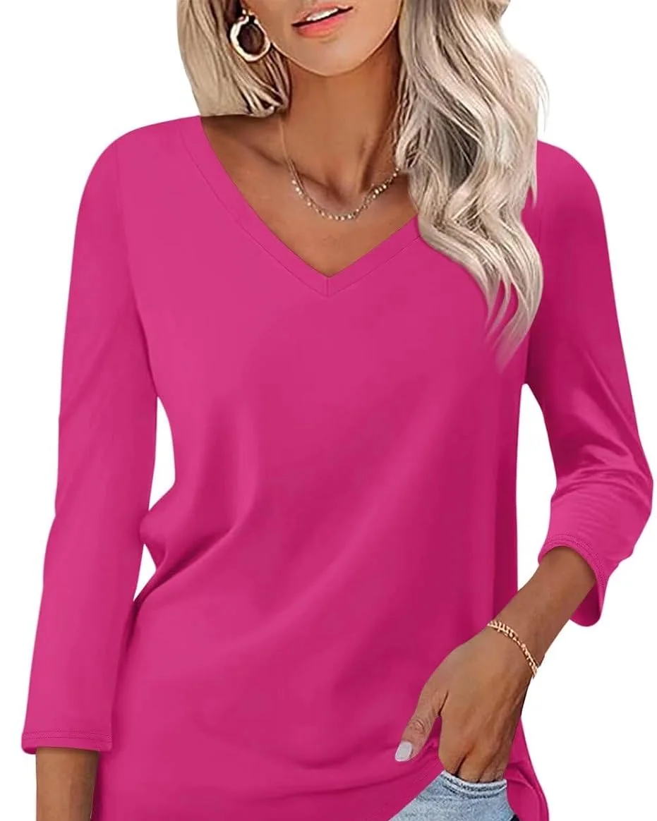 Minetom Women's 3/4 Length Sleeve Tops V Neck T Shirts Casual Basic Tees, Hot Pink, Small, photo 13