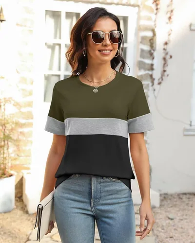 Minetom Womens Color Block T Shirts Short Sleeve Tops Summer Tees, thumbnail 5