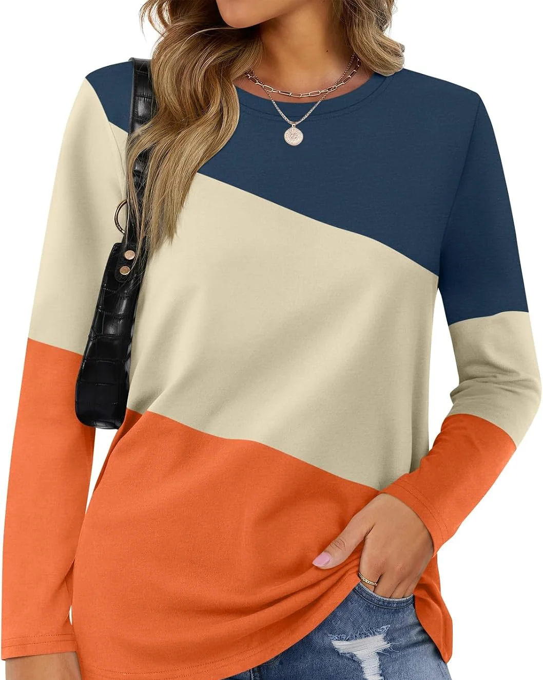 Minetom Women's Color Block Tops Casual Long Sleeve Shirts Pullover Tunic, Navy Blue-apricot-orange, Small, photo 8