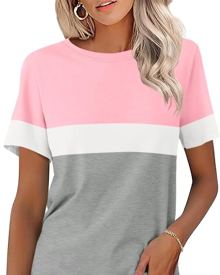 Minetom Womens Color Block T Shirts Short Sleeve Tops Summer Tees, Pink-white-gray, Small, photo 8