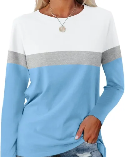 Minetom Women's Color Block Tunic Tops Casual Long Sleeve Shirts Round Neck, thumbnail 10