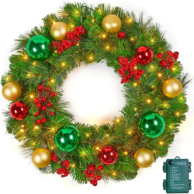 Minetom 24Inch Pre-Lit Christmas Wreath 24Inch