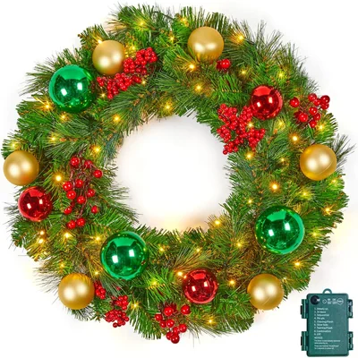 Minetom Pre-Lit Artificial Christmas Wreath 24Inch, thumbnail 2