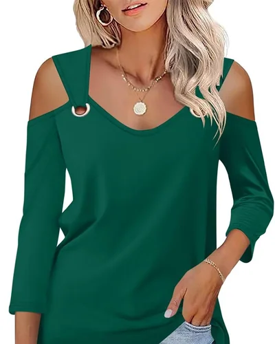 Minetom Women's V Neck 3/4 Sleeve Shirts Cold Shoulder Tops 2026 Fall Tees, thumbnail 18